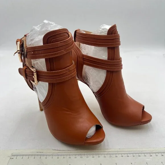 XYD Brown Peep Toe Sandal Ankle Booties Dual Buckled Straps Stiletto Heels Shoes - Picture 4 of 8